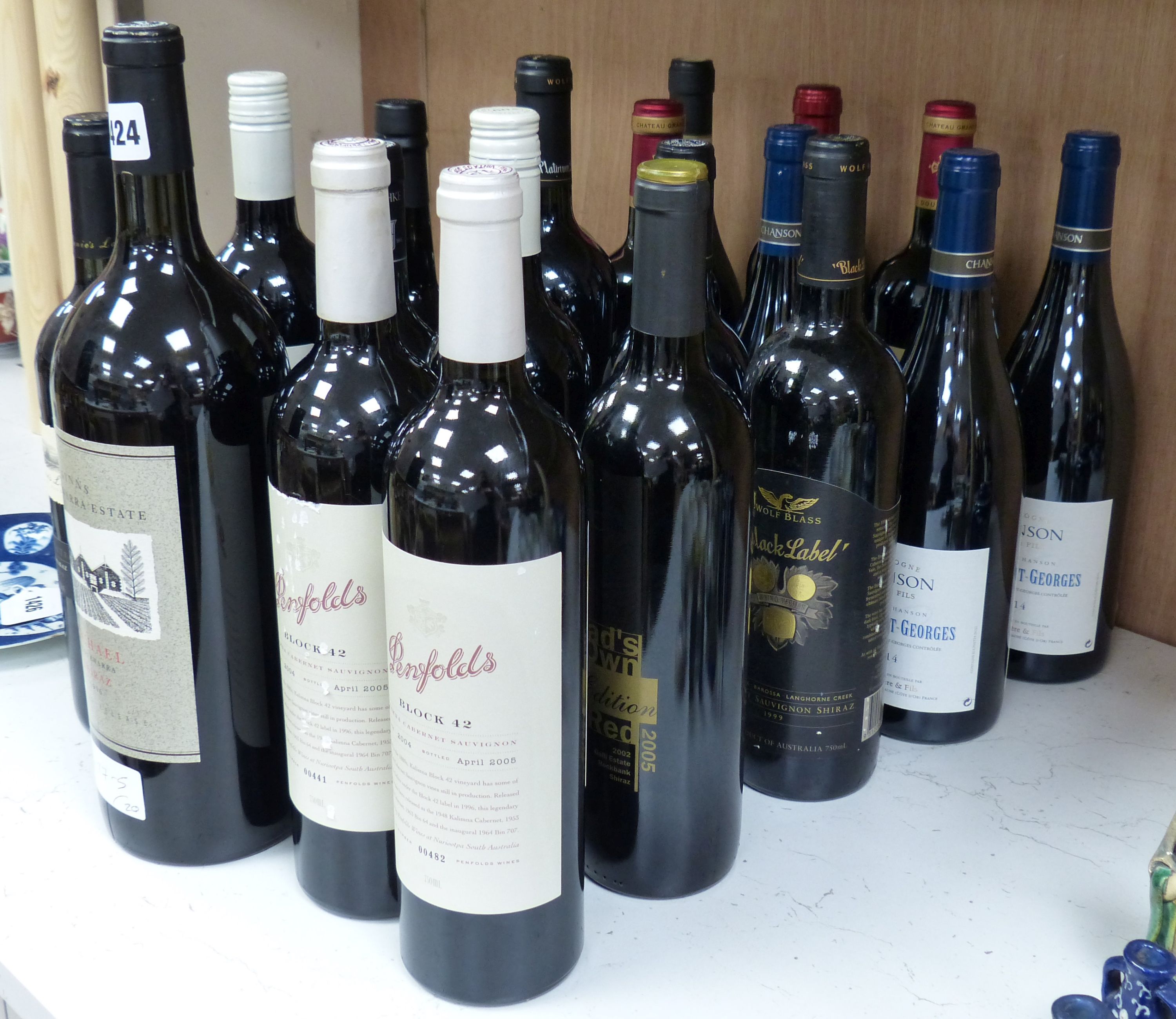Nineteen assorted bottles of red wine including a magnum of Wynns Coonawarra Estate, 2002, Wolf Blass Black Label, 1999, three Nuit St Georges Chanson Pere & Fils, 2014, three Chateau Grand Battail, St Emilion, 2008 and